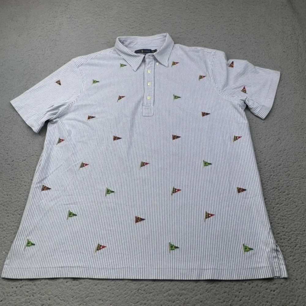 Polo Ralph Lauren Shirt Mens 2XL‎ Blue Stripe Flags Knit Oxford Preppy Nautical